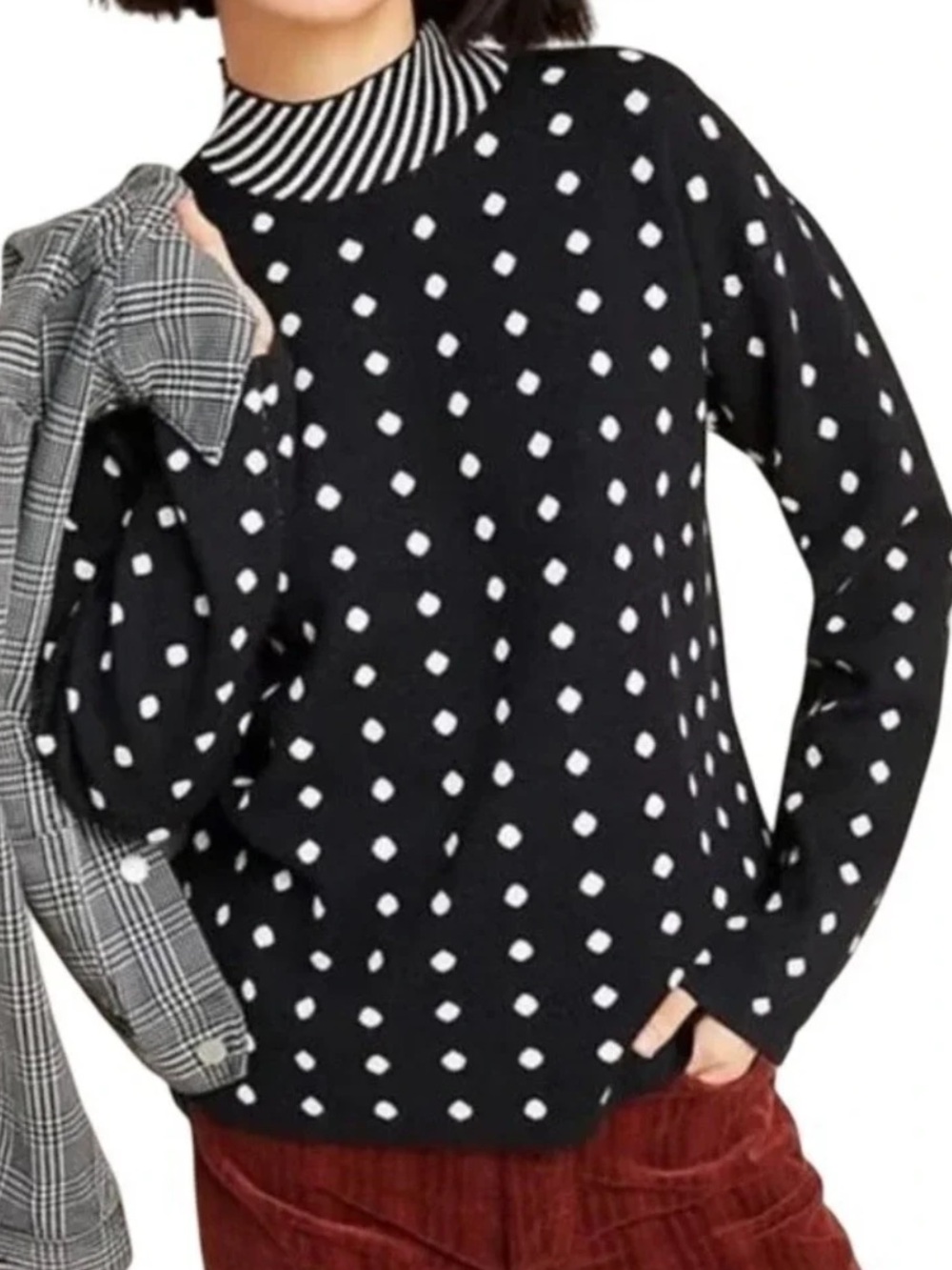Anthropologie Black Sweater with White Polka Dots and Chevron Back